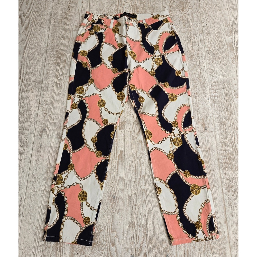 Boston Proper Womens Pink Navy Blue Chain Medallion Print Ankle Pants Size 10